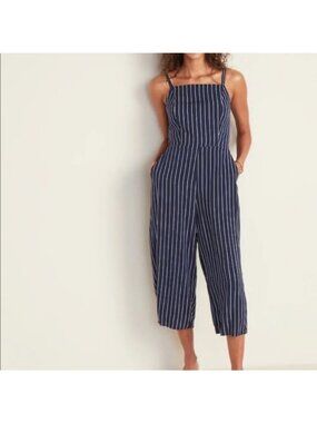Old Navy Women's Size XL Sleeveless Cami Crop Jumpsuit Navy Stripe Wide Leg